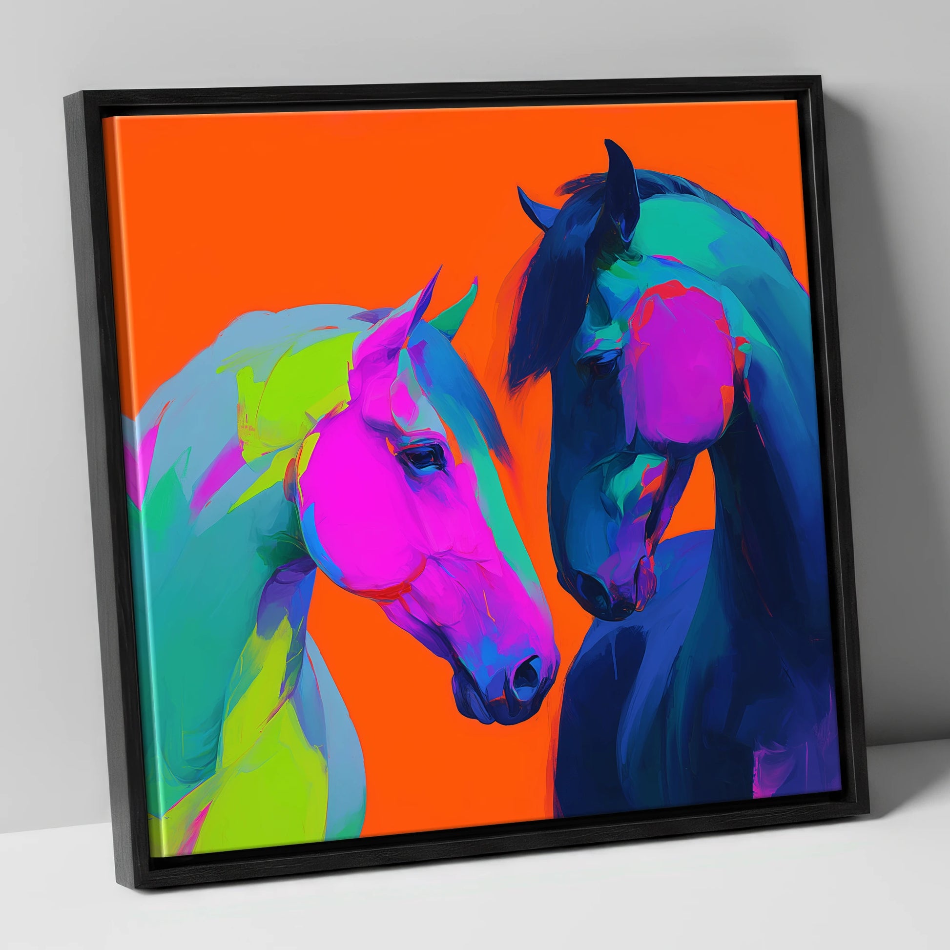 Chromatic Encounter horse portrait canvas wall art in black frame