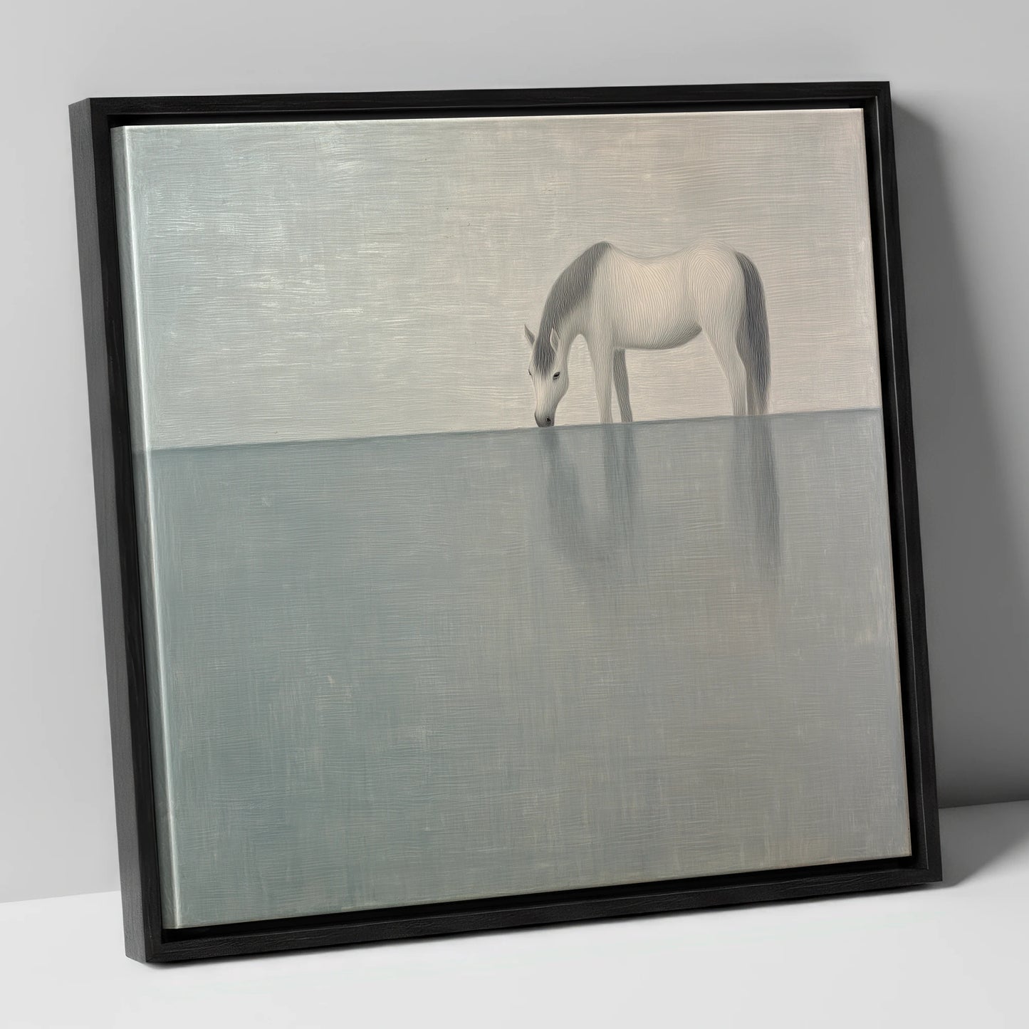 Silver Stillness horse landscape canvas wall art in black frame