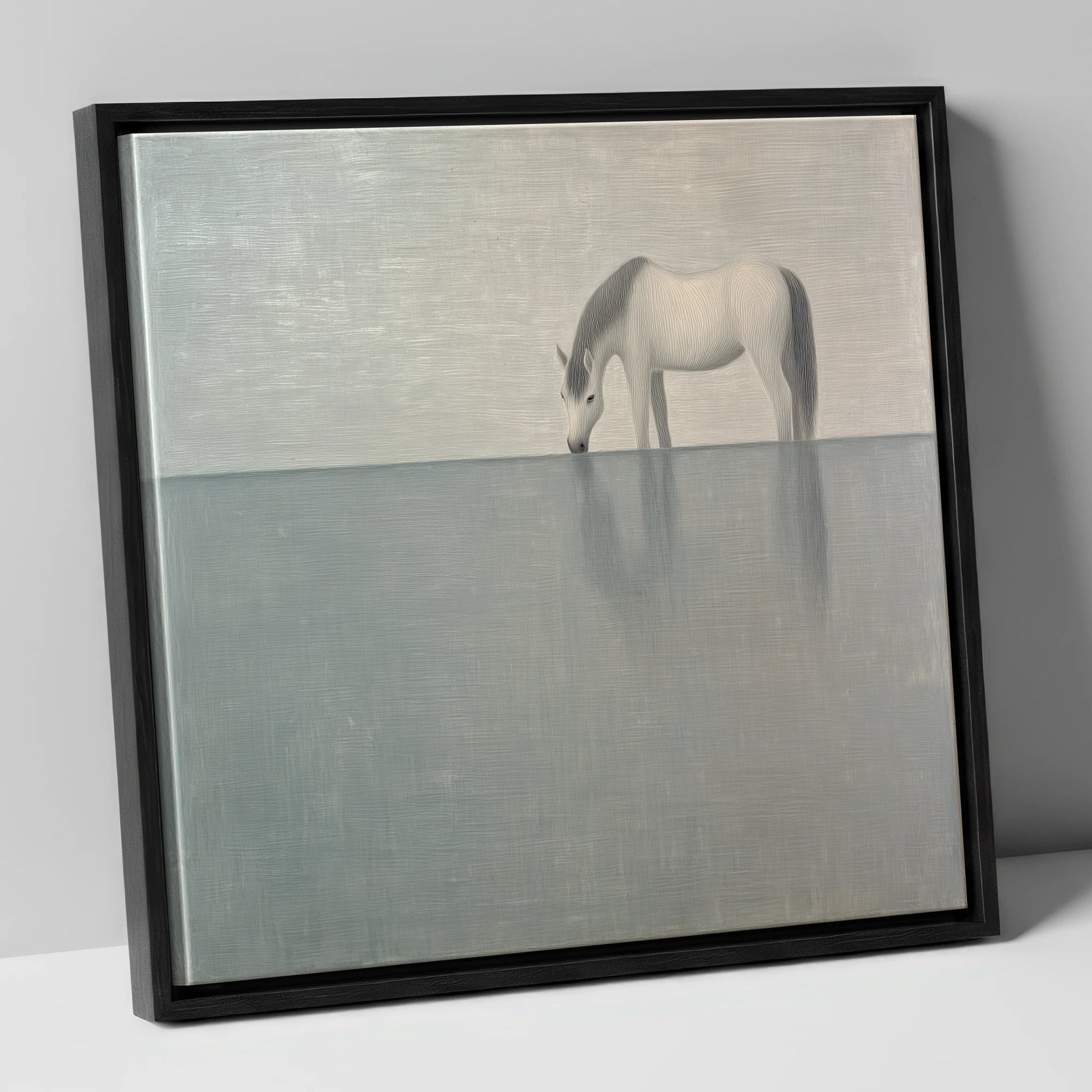 Silver Stillness horse landscape canvas wall art in black frame