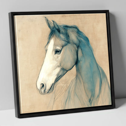 Teal Equine Study horse portrait canvas wall art in black frame