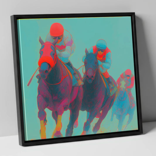 Electric Homestretch racing horse canvas wall art in black frame