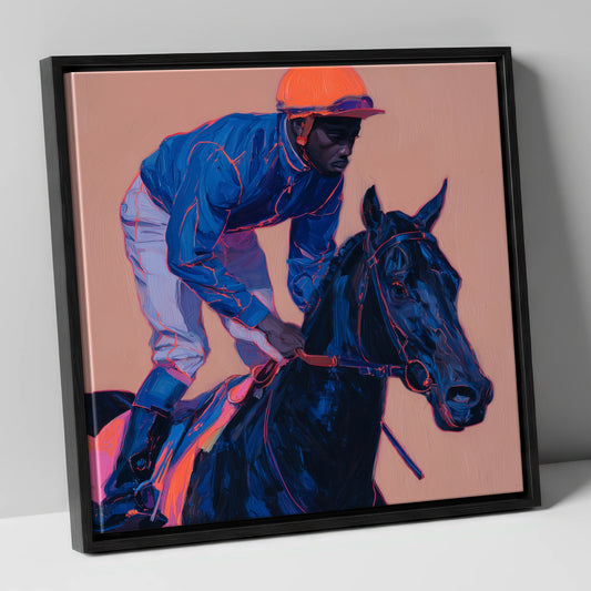 Indigo Charge racing horse canvas wall art in black frame