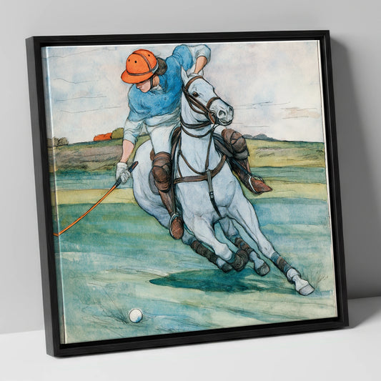 The Nearside Strike polo horse canvas wall art in black frame