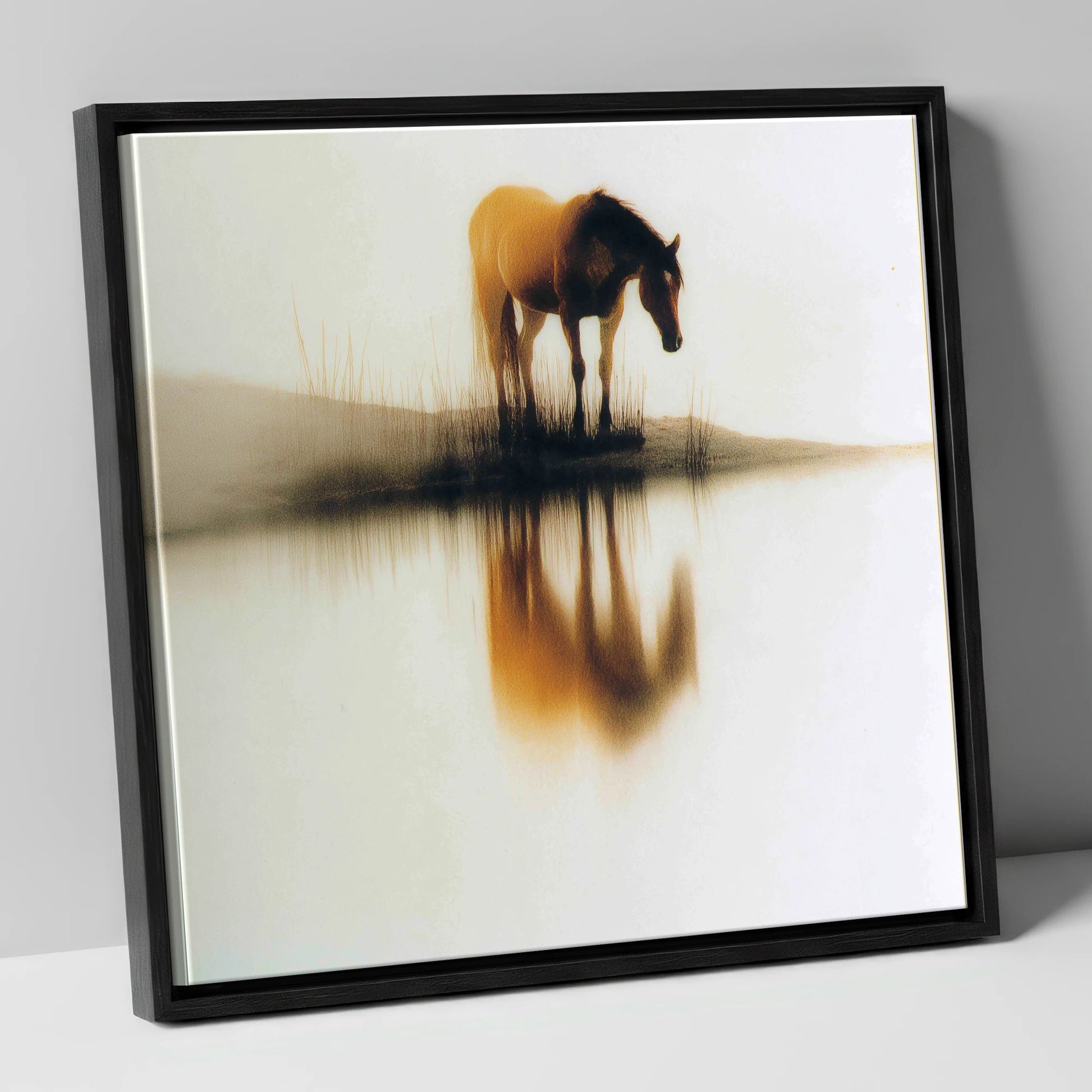 Amber Mist Reflection horse landscape canvas wall art in black frame