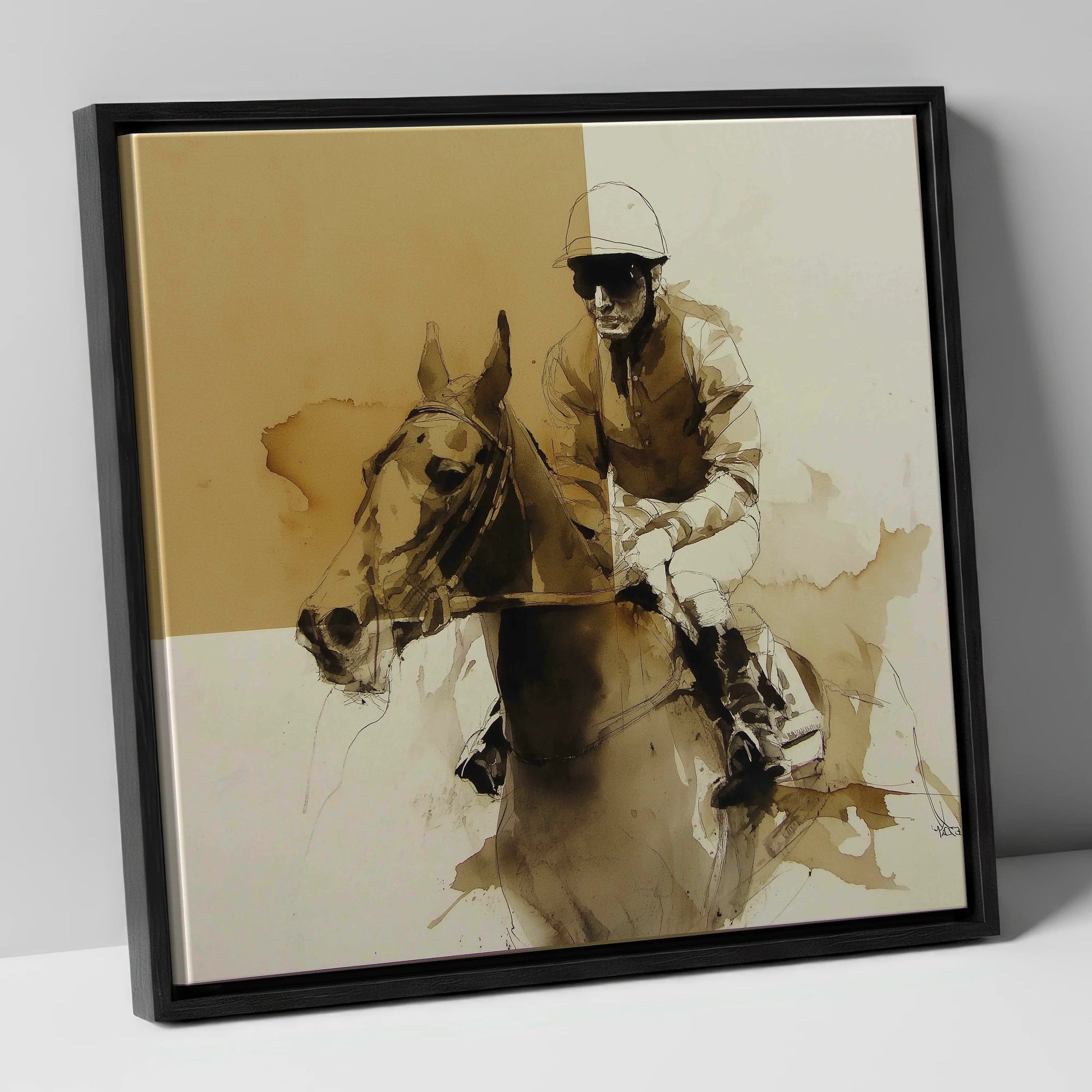 The Sepia Contender racing horse canvas wall art in black frame