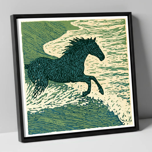 Wild Sea Canter beach horse canvas wall art in black frame