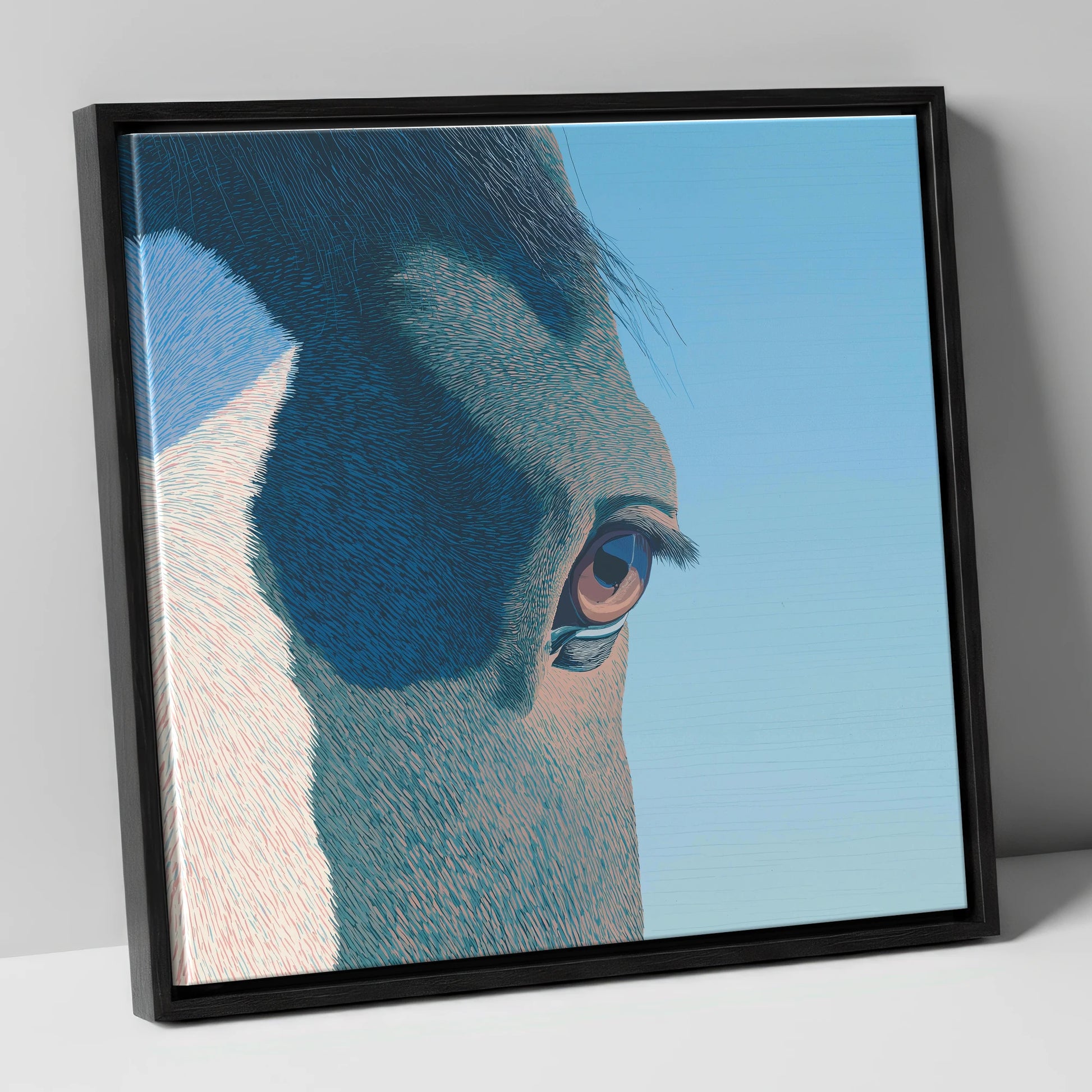Stillness in Blue horse portrait canvas wall art in black frame