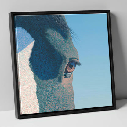 Stillness in Blue horse portrait canvas wall art in black frame