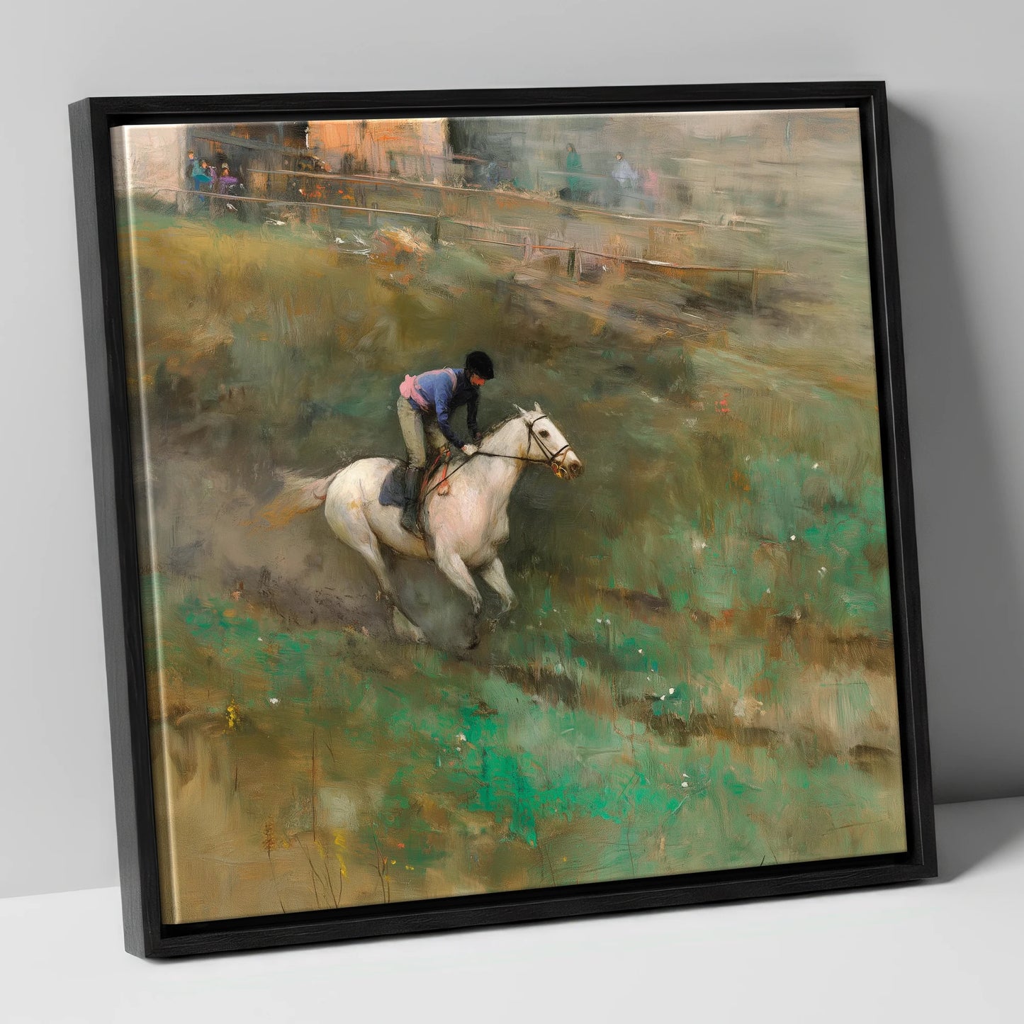 Through the Morning Mist racing horse canvas wall art in black frame