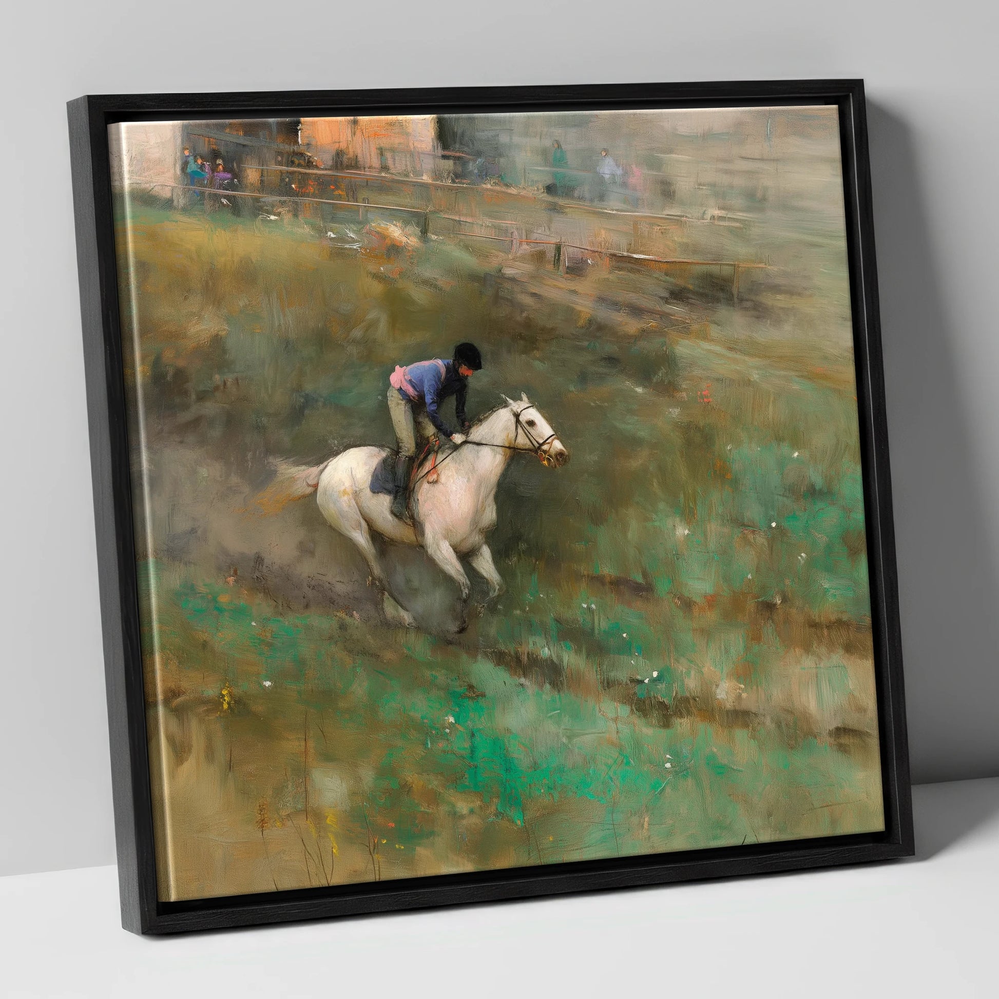 Through the Morning Mist racing horse canvas wall art in black frame