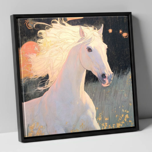 Celestial Grey horse portrait canvas wall art in black frame