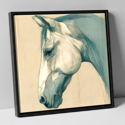 Teal Wash Portrait horse portrait canvas wall art in black frame