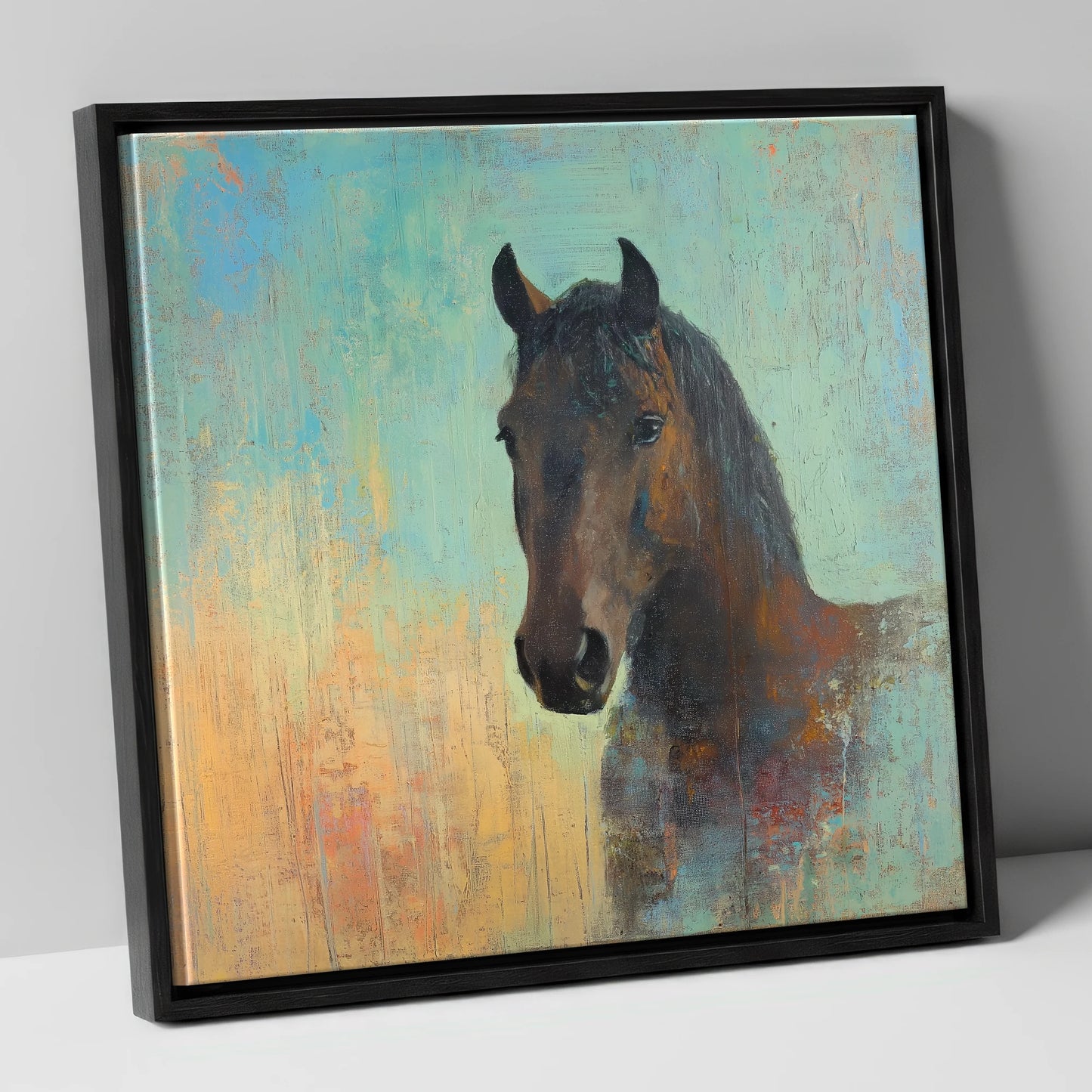 The Steadfast Bay horse portrait canvas wall art in black frame