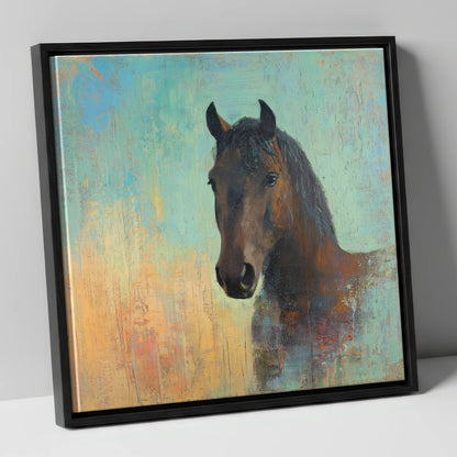 The Steadfast Bay horse portrait canvas wall art in black frame
