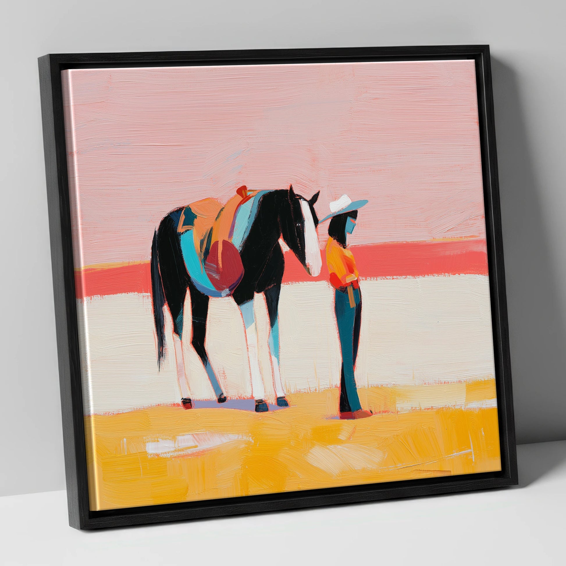 Painted Desert Rider western horse canvas wall art in black frame