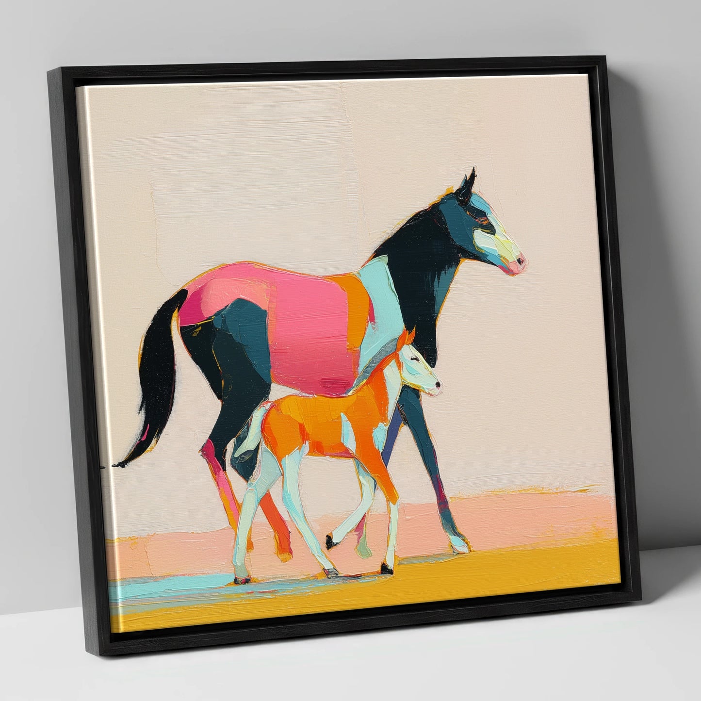 Vivid Strides mare & foal canvas wall art in black frame