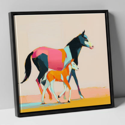Vivid Strides mare & foal canvas wall art in black frame