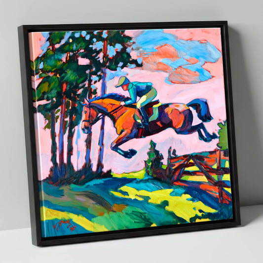 Vibrant Cross Country Leap show jumping horse canvas wall art in black frame