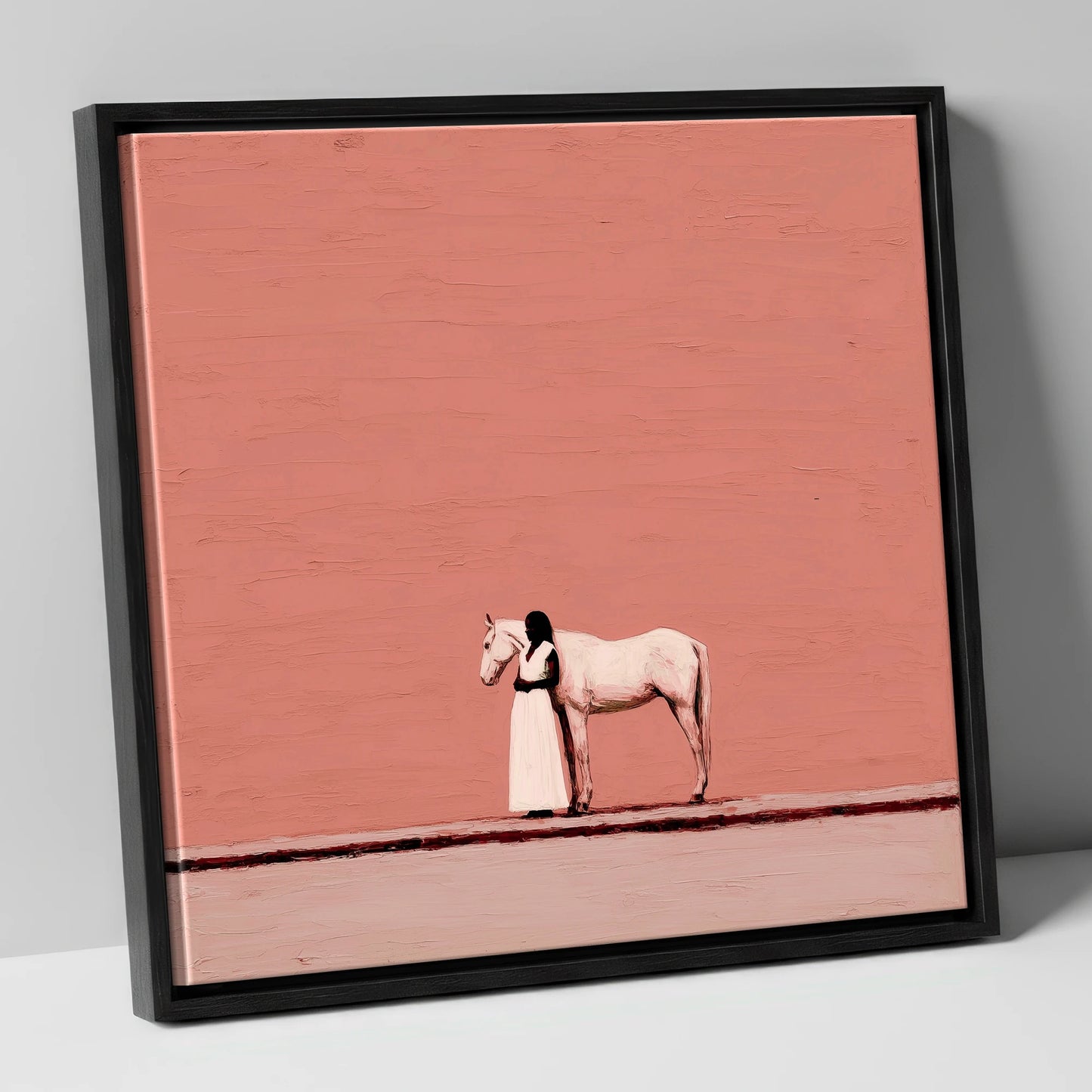Stillness in Terracotta horse & rider canvas wall art in black frame