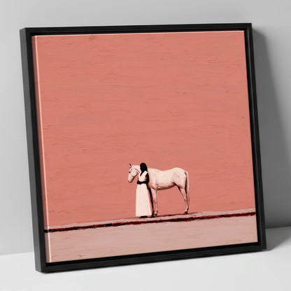 Stillness in Terracotta horse & rider canvas wall art in black frame