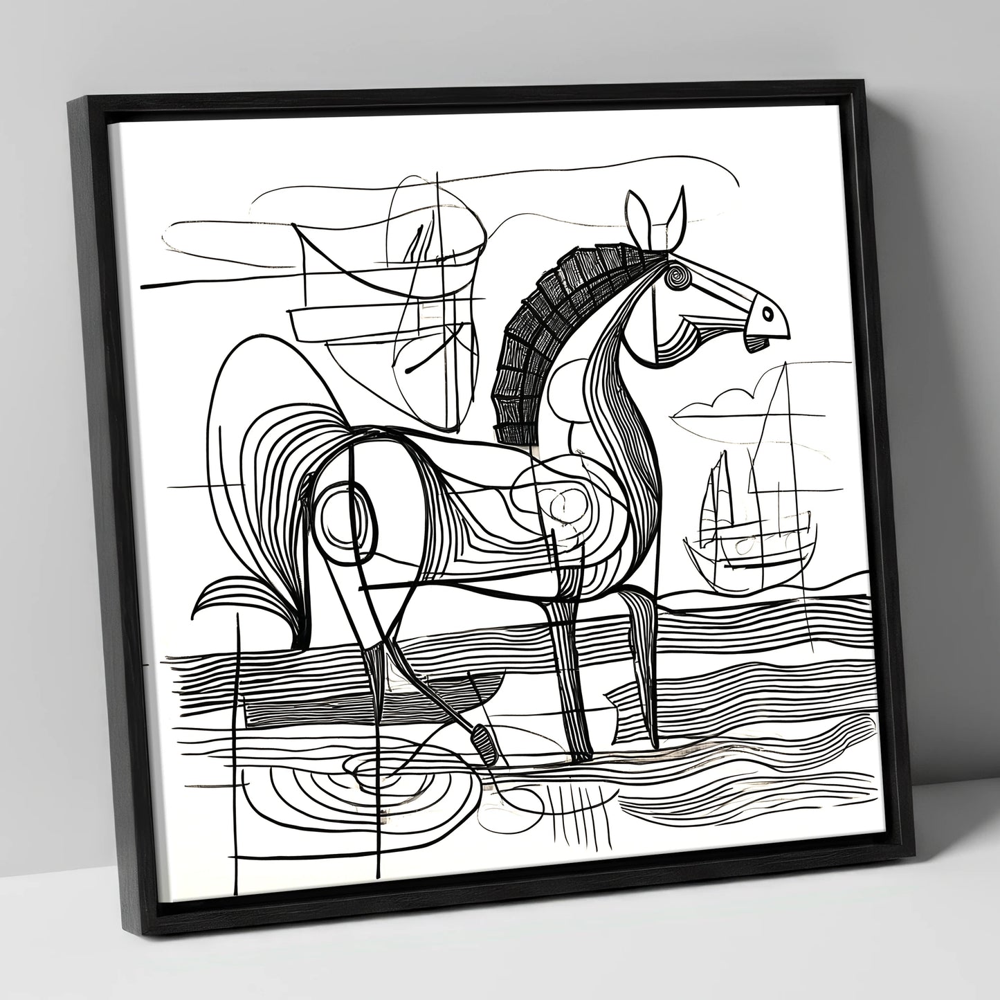 Abstract Coastal Equine beach horse canvas wall art in black frame