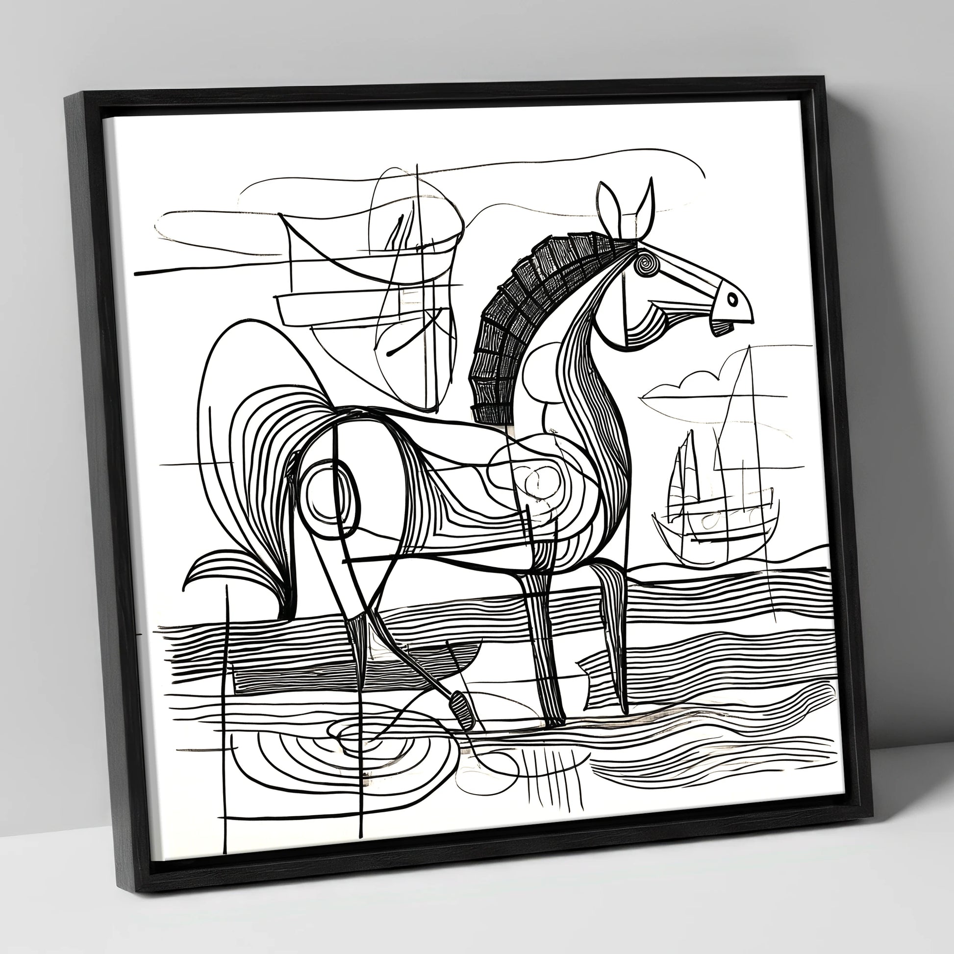 Abstract Coastal Equine beach horse canvas wall art in black frame