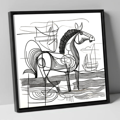 Abstract Coastal Equine beach horse canvas wall art in black frame