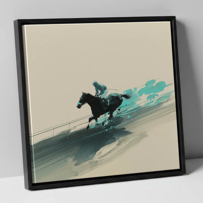 Velocity in Teal racing horse canvas wall art in black frame