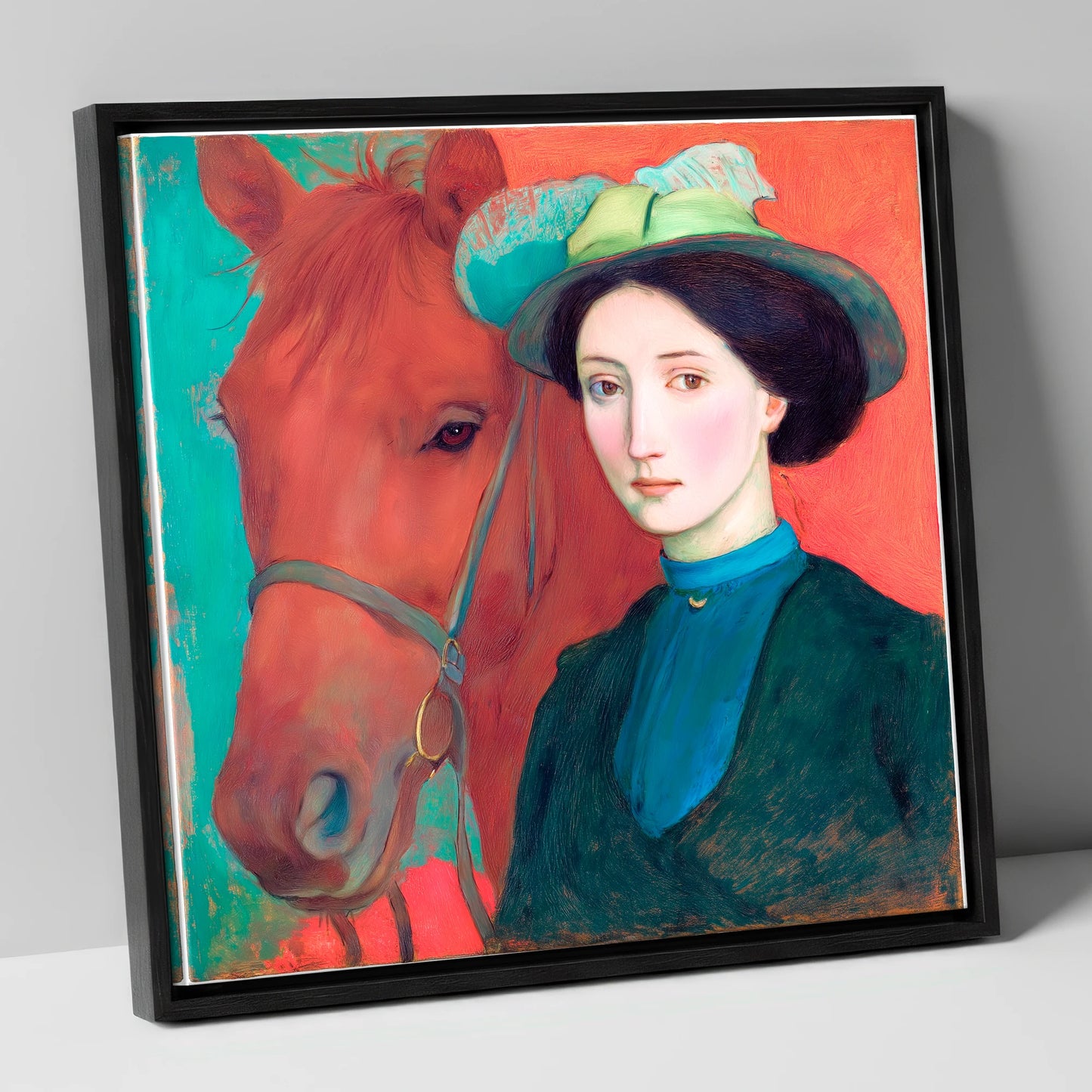Crimson and Teal Bond horse & rider canvas wall art in black frame