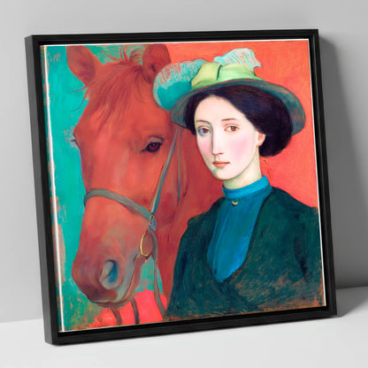 Crimson and Teal Bond horse & rider canvas wall art in black frame