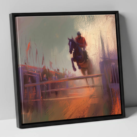 The Final Fence show jumping horse canvas wall art in black frame