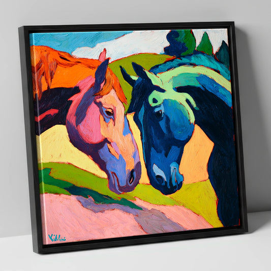 Vibrant Equine Connection horse portrait canvas wall art in black frame