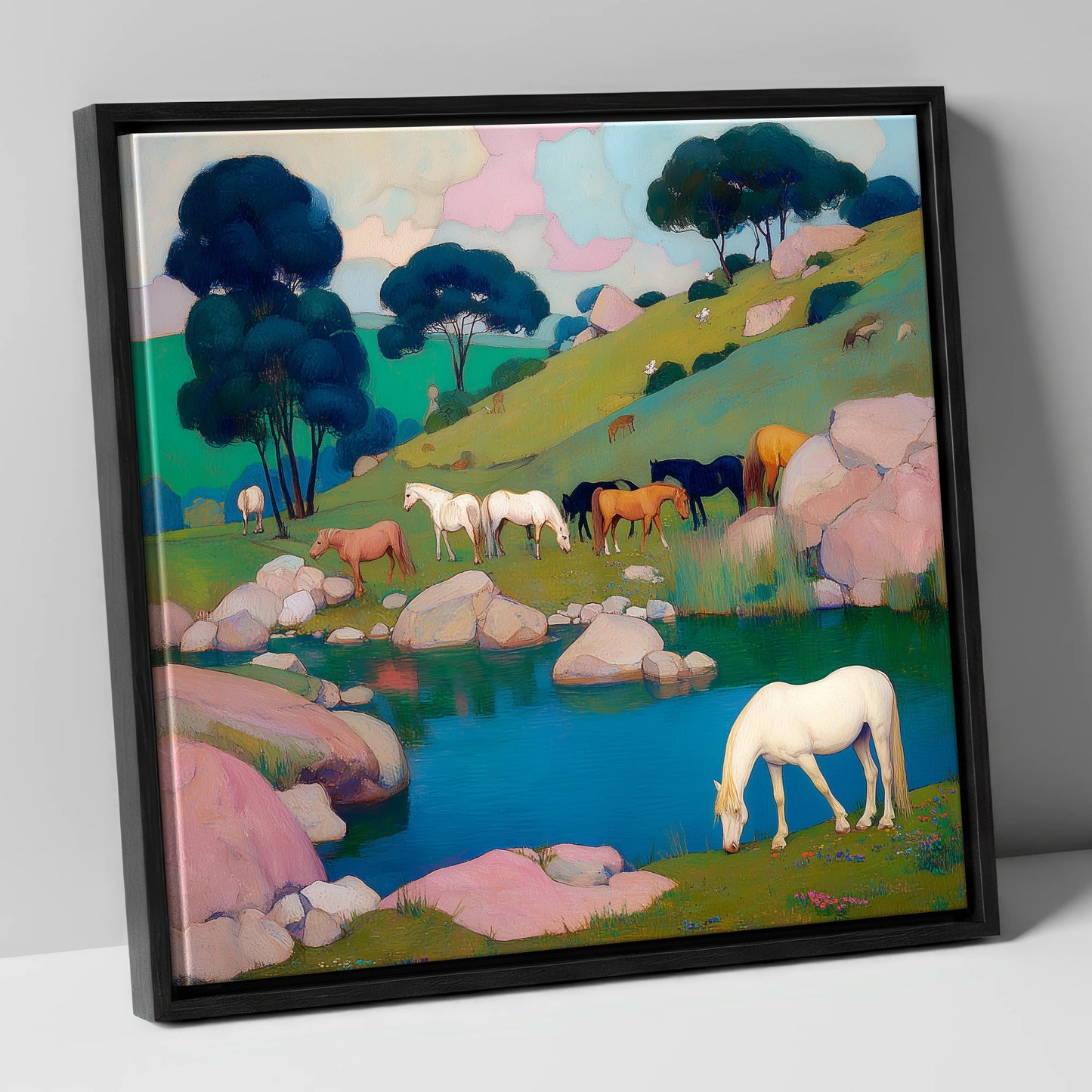 The Pastel Pasture horse landscape canvas wall art in black frame