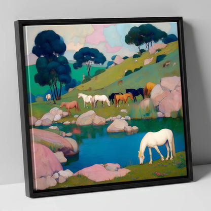 The Pastel Pasture horse landscape canvas wall art in black frame
