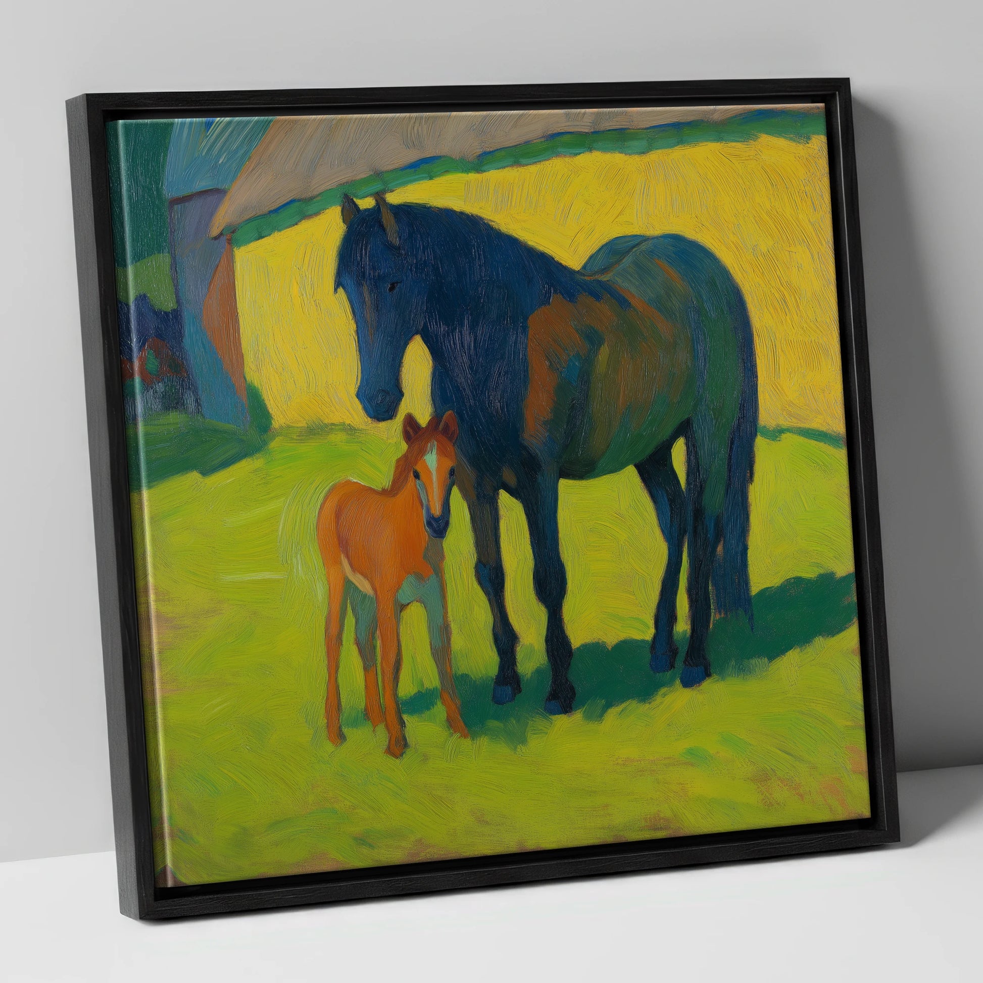 Radiant Pasture Bond mare & foal canvas wall art in black frame