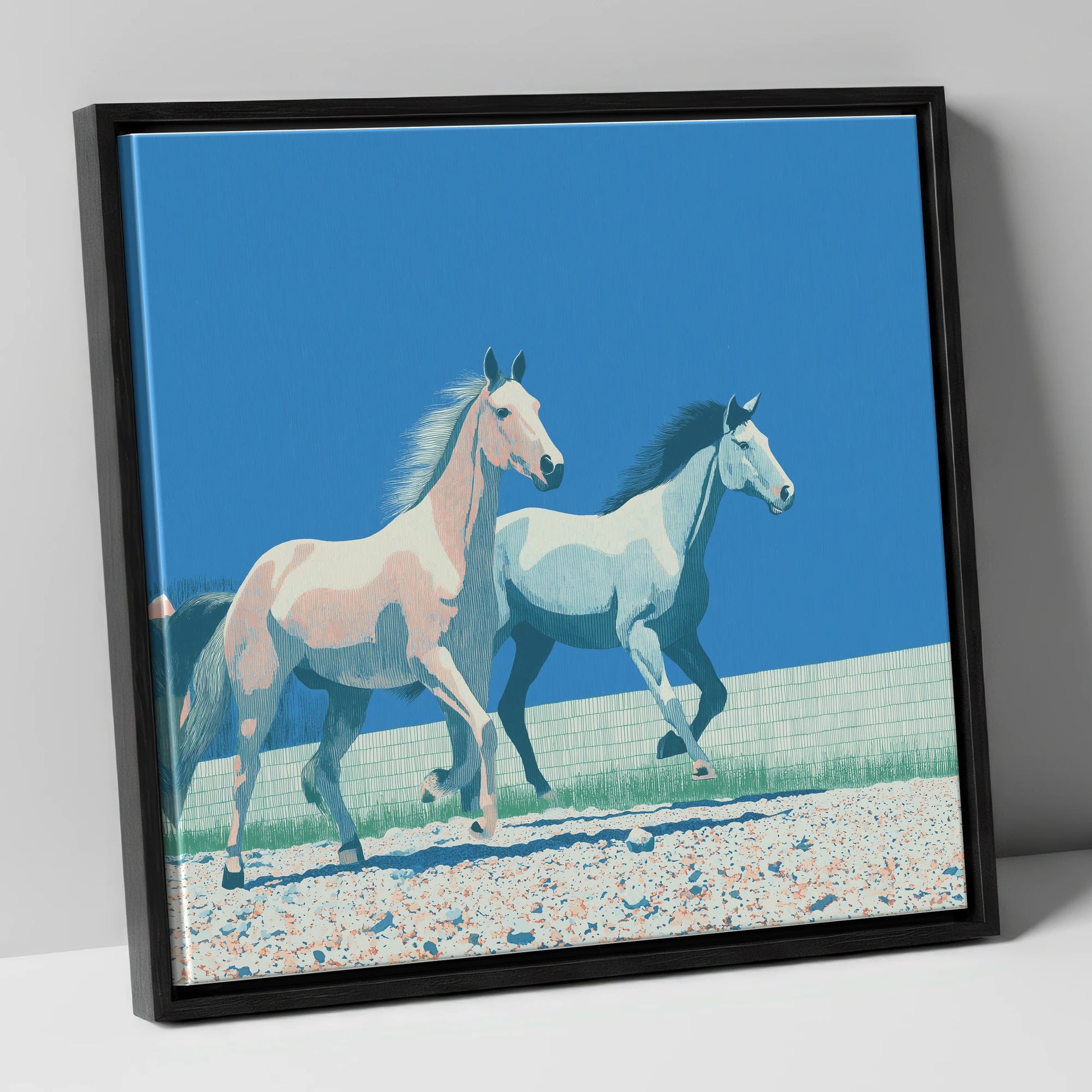 Azure Horizon Strides wild horses canvas wall art in black frame
