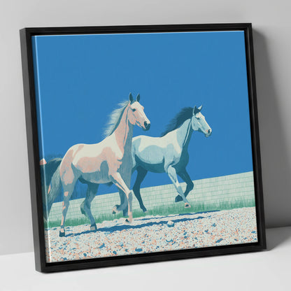 Azure Horizon Strides wild horses canvas wall art in black frame