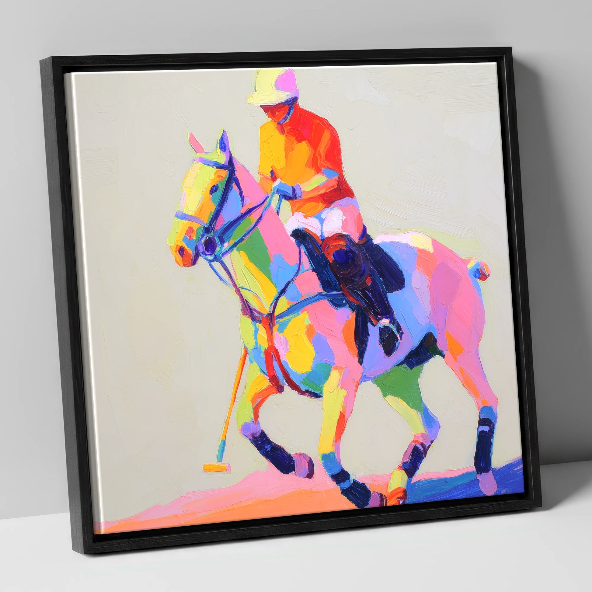 Vibrant Polo Pace polo horse canvas wall art in black frame