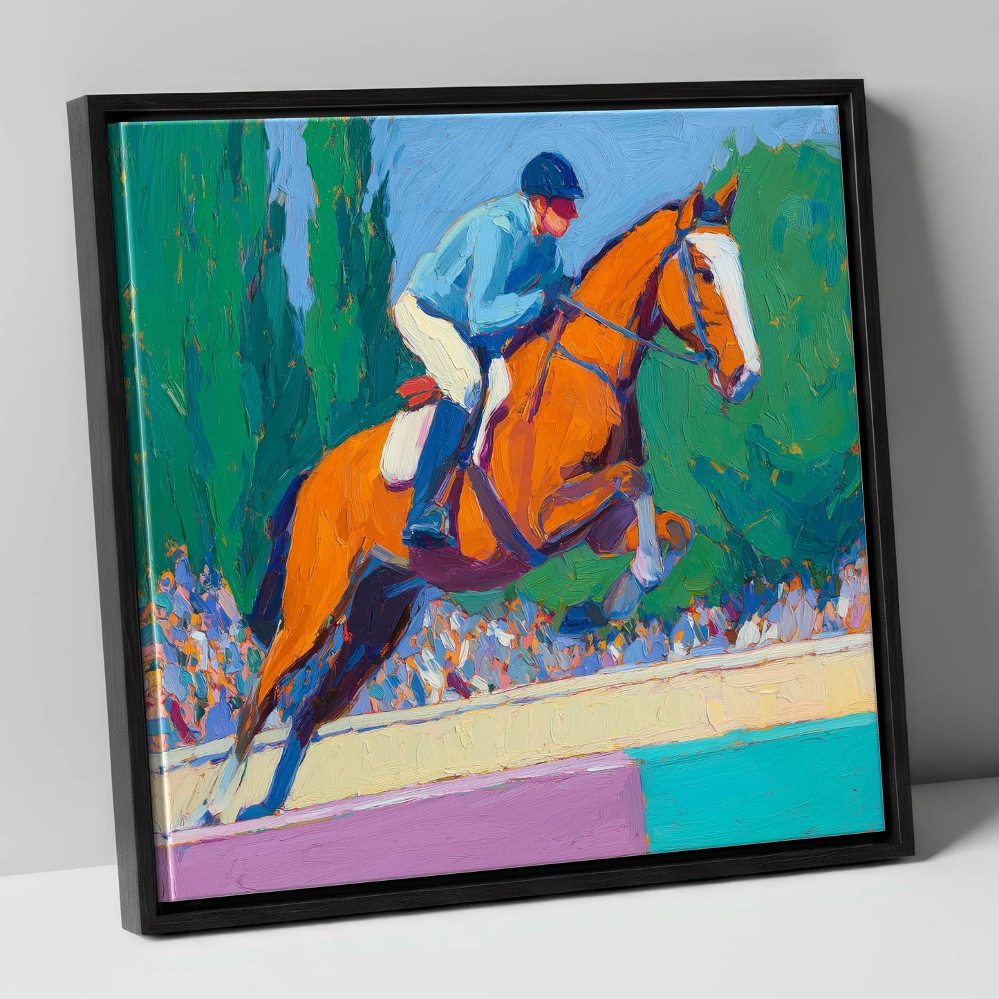 Bold Clear Round show jumping horse canvas wall art in black frame