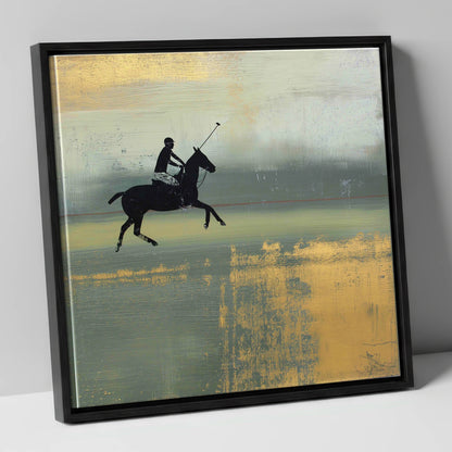 Gilded Chukka polo horse canvas wall art in black frame
