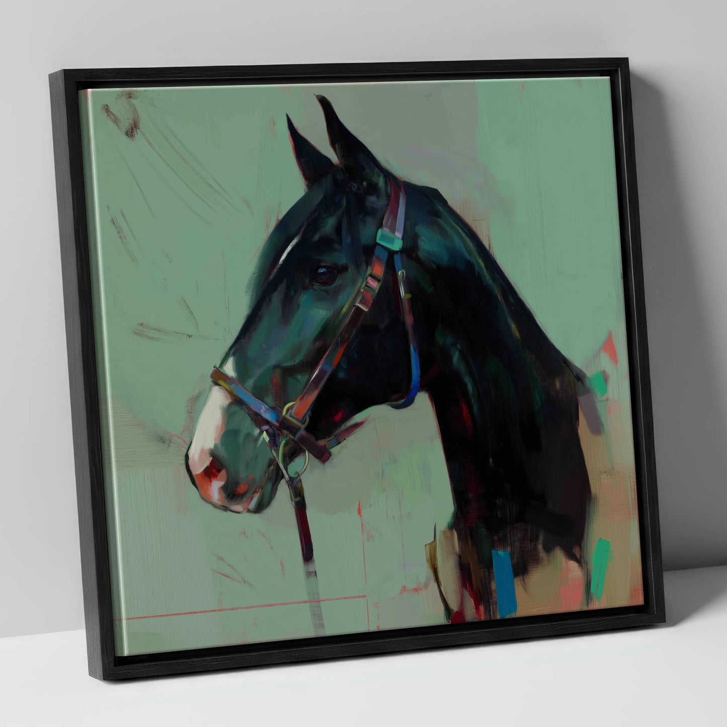 Midnight Profile in Teal horse portrait canvas wall art in black frame
