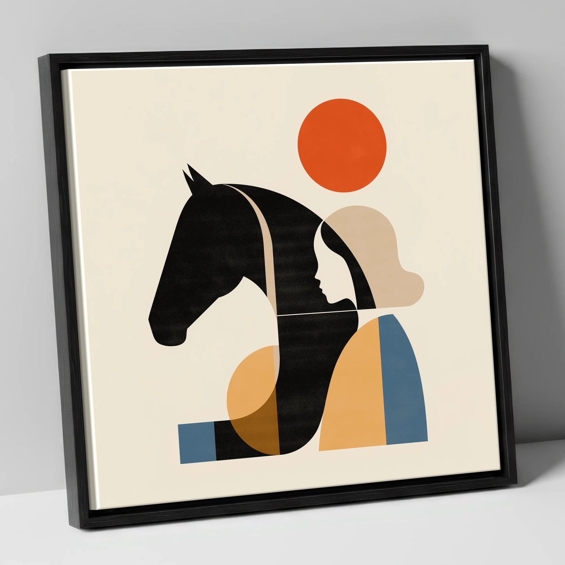 Geometric Equine Harmony horse & rider canvas wall art in black frame
