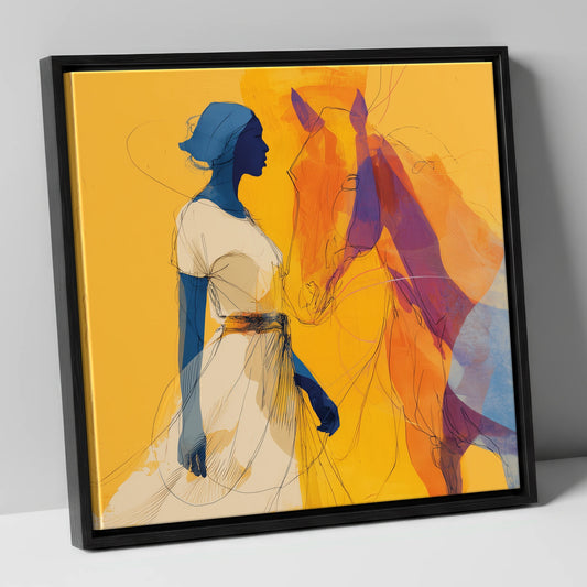Golden Synchronicity horse & rider canvas wall art in black frame