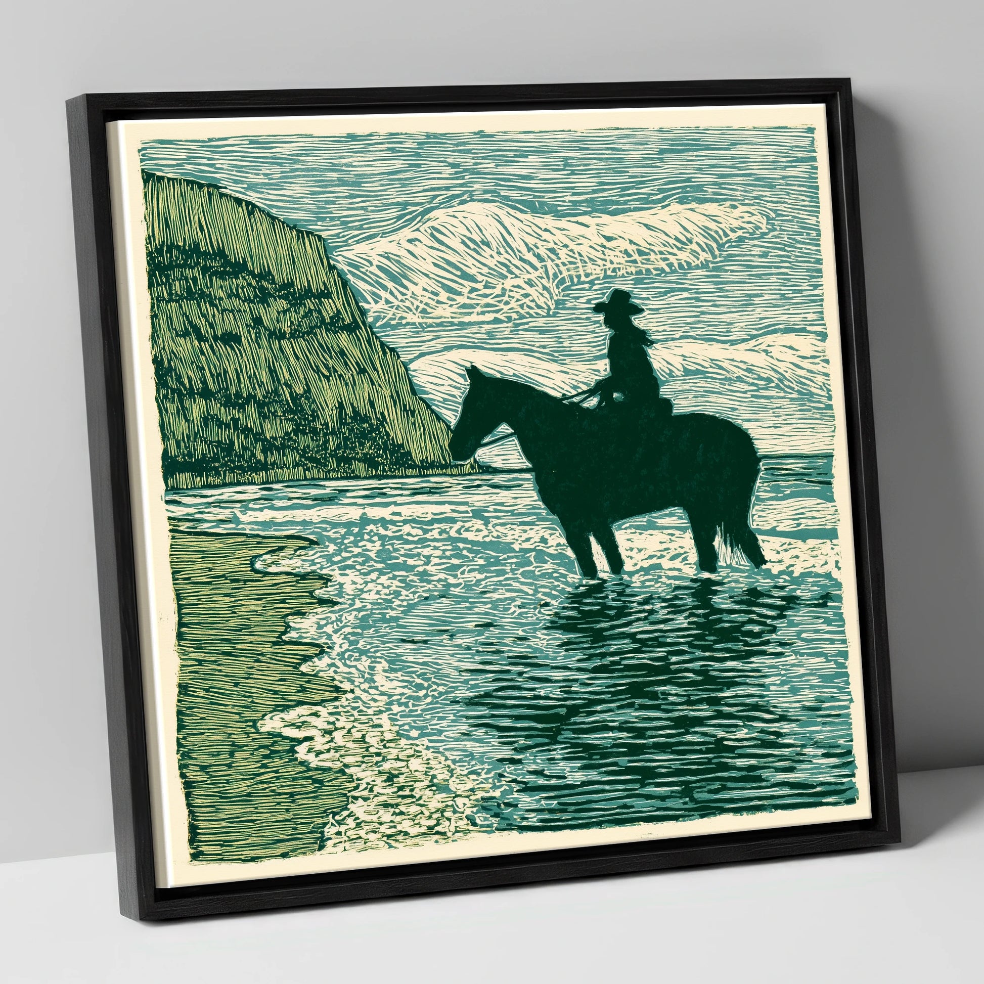Edge of the Tide beach horse canvas wall art in black frame