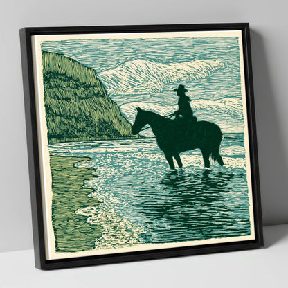 Edge of the Tide beach horse canvas wall art in black frame