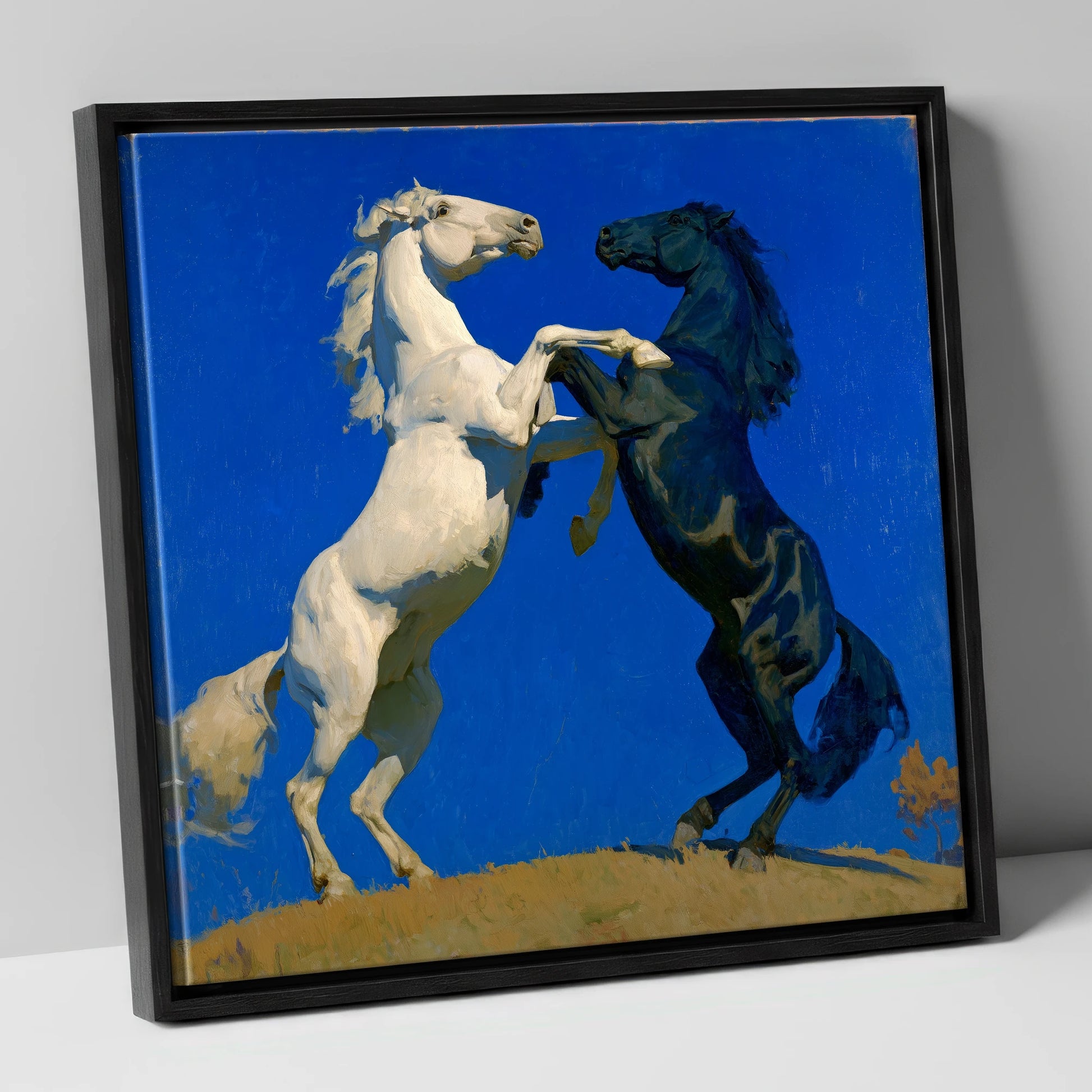 Cobalt Sky Stallions wild horses canvas wall art in black frame