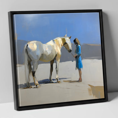 Sunlit Companion horse & rider canvas wall art in black frame