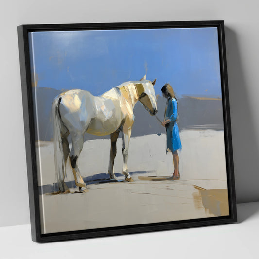 Sunlit Companion horse & rider canvas wall art in black frame