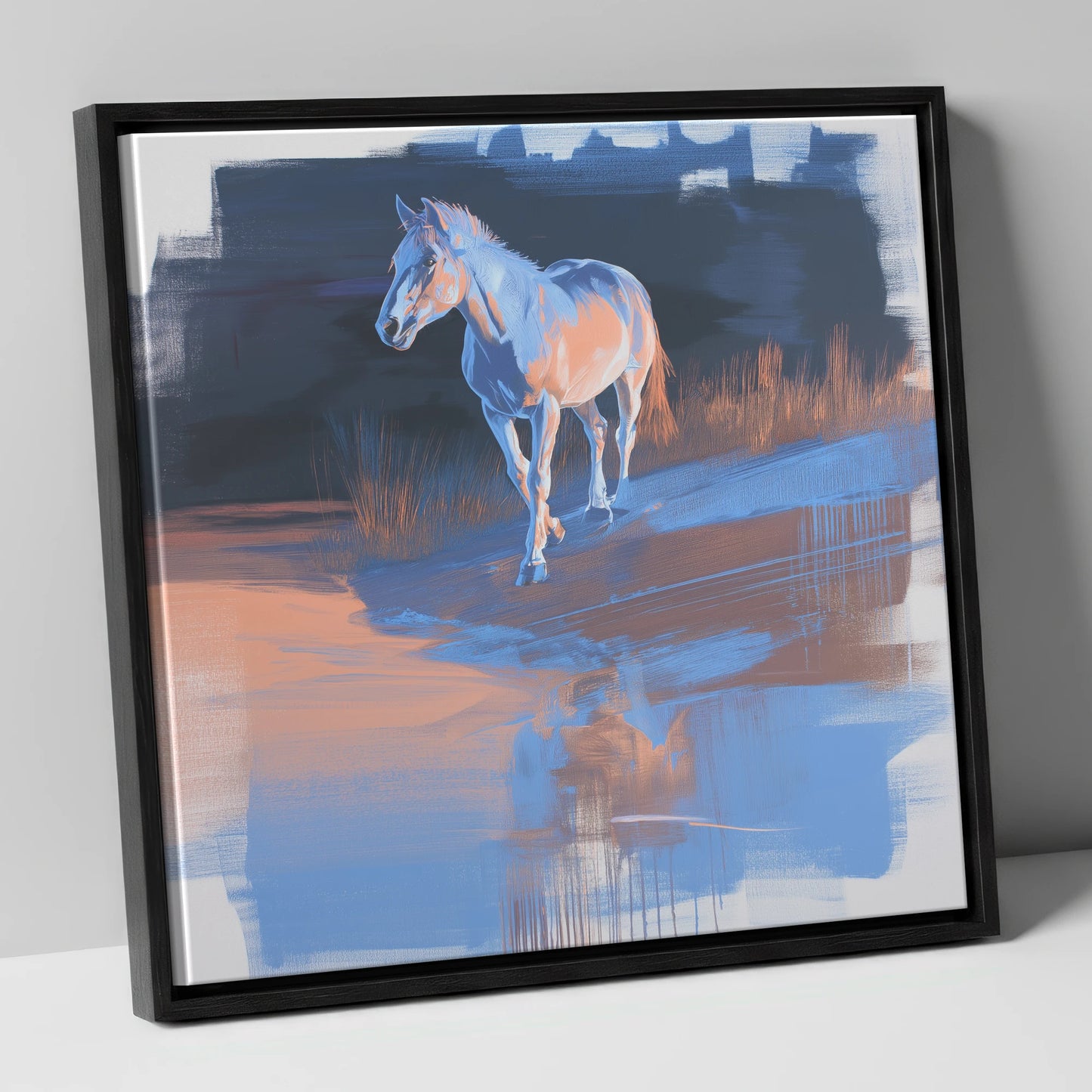 Cobalt Dawn Crossing horse landscape canvas wall art in black frame