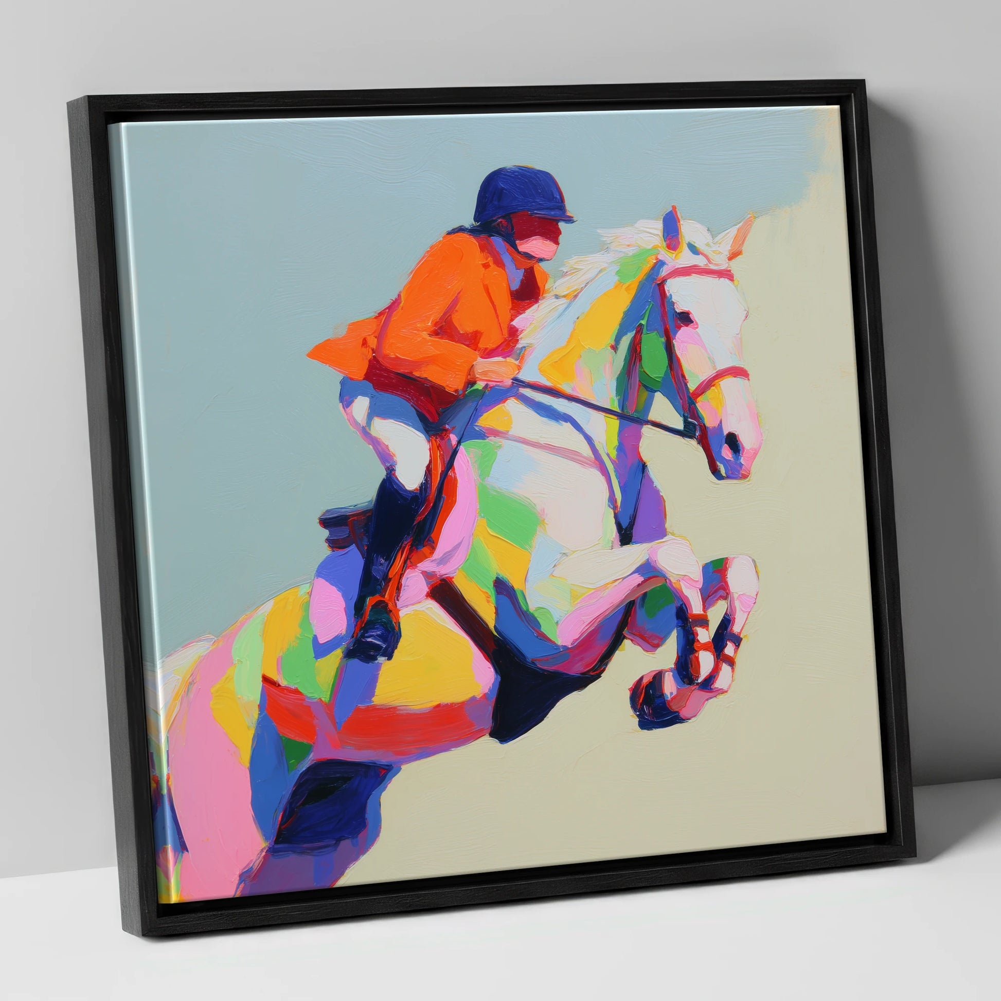 Chromatic Leap show jumping horse canvas wall art in black frame